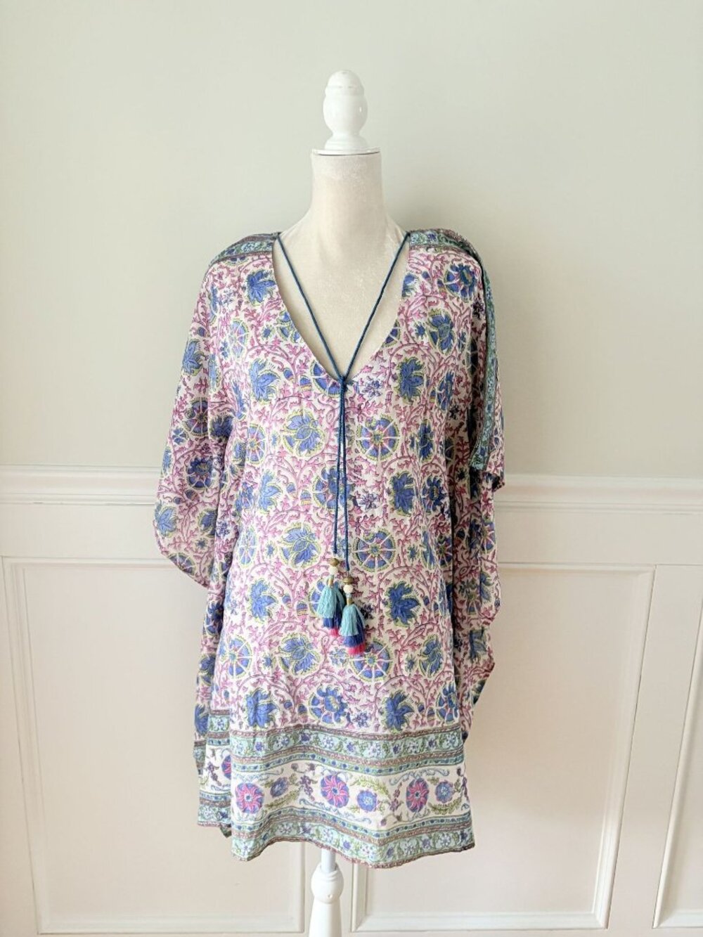 Alicia Bell Cotton Silk Blend Printed Caftan Dress S Embellished Tassels